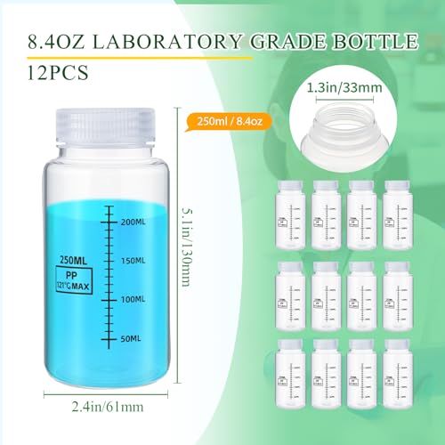 Tatuo 12 Pcs 8oz 250 ml Plastic Sample Bottles with Screw Cap, Liquid Containers with Lid for Lab Reagent Sample Medicine Pill Water Storage, Travel Bottles(Clear,Wide Mouth-Dark Scale) - color: Clear, size: 8 oz 250 ml, style: Wide Mouth-dark Scale