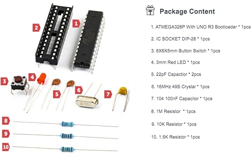 Breadboard Basic Kits for Arduino Project Atmega328P-PU Atmega328p with Uno R3 Bootloader, Dip28 Socket,16MHz Crystal, 1M Resistor, 100nF Capacitor, Reset Tactile Switch