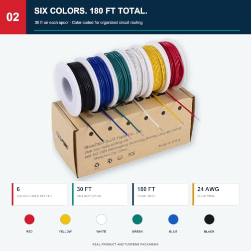 TUOFENG 24 AWG Solid Core Hookup Wire Kit, Tinned Copper, 6 Colors, 180 ft - size: 24 AWG Solid Core 6 Colors 30 ft