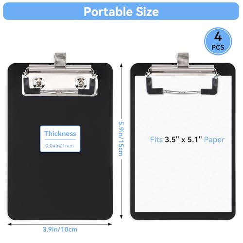 Mini Plastic Clipboards 3.9x5.9in with Pen Holder Loop Fits 3.5x5.1in Sheet, 4 PCS Portable Lightweight Clip Board for Office Cafeteria School Teacher, Working Supplies Writing Board Convenient - color: Black, size: 3.9x5.9in - Mini