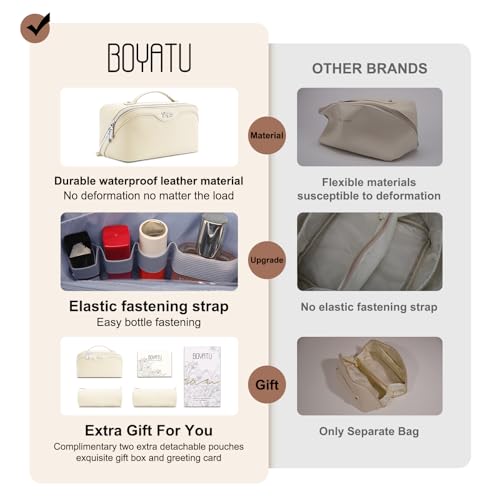 BOYATU Travel Makeup Bag Organizer Cosmetic Bag: 3 Pcs Set Make up Bags for Women with Handle - Waterproof Vegan Leather Toiletry Bags Travel Essentials Pouch with Compartments (C-04-White) - color: 04-B-White