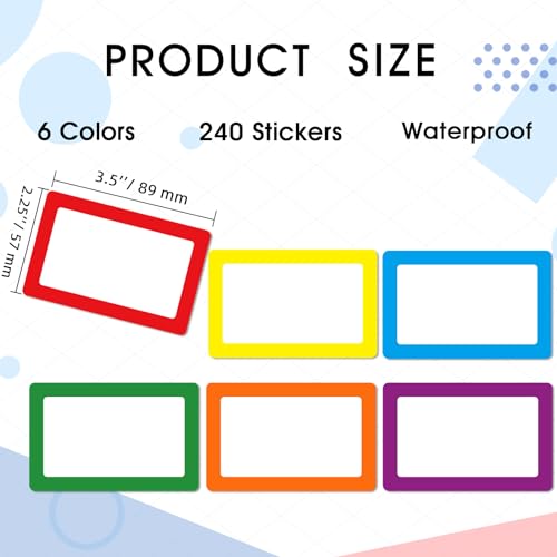6 Color Name Tag Stickers, 240PCS Waterproof Stickers 3.5X2.25 Inch Name Labels for Office, School, Classroom and Home - style: Multicolor border
