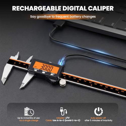 HARDELL Digital Caliper 12" USB-C Charging – Orange Display, Non-Backlit - size: 12 Inch