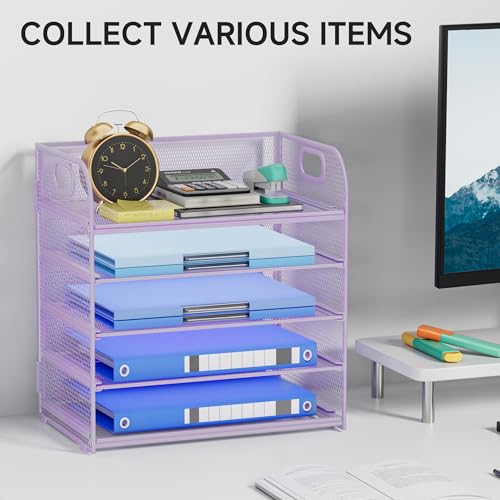 5-Tier Stackable Paper Organizer with Handle, Purple - color: Purple, size: 12.6" x 9.1" x 13.4"