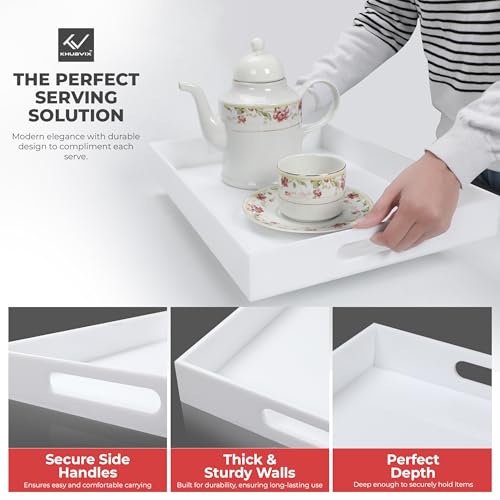 White Tray 15×10" with Cut Handles - Spill Proof Decorative Tray is an Ideal Countertop Organizer for Living Rooms, Ottoman Coffee Tables, Offices, Kitchens & Serving Guests - color: White, size: 15" x 10" x 2"