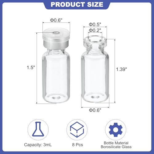 PATIKIL 3ml Sample Vials, 8 Pack Lab Empty Vials with Butyl Rubber Stopper and Crimp Top Caps Borosilicate Glass Vial, Transparent - color: Transparent, size: 3ml