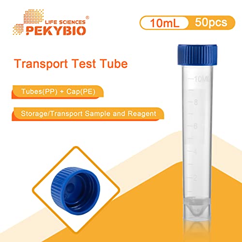 PEKYBIO Clear Plastic Graduated Test Tubes 10ml Sterile Sample Storage Container with Screw Cap Self-Standing Lab Transport Tube, Case of 50 - size: 10ml 50Pcs