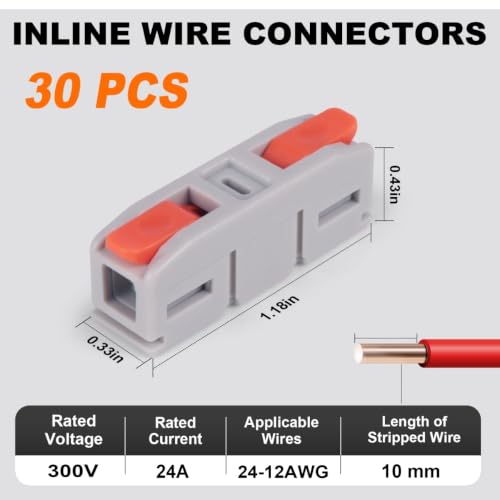 30PCS AVARBUVO Lever Wire Connectors, Mini Quick Connector Push-in, 1 in 1 Out Electrical Wire Inline Terminal for Splicing 24-12 AWG - size: 30PCS