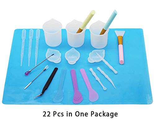 Resin Tools Set 22pcs, A3 Silicone Sheet with 100 ml Measuring Mixing Cups, Brushes Stir Sticks Spoons, Pipette for Epoxy Resin DIY Crafts Painting