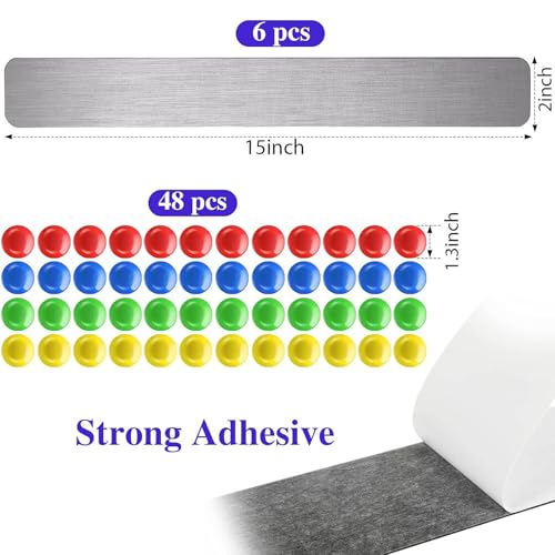 Outus 6 Pcs Magnetic Bulletin Board Strip 15" x 2" with 48 Magnets, Silver - color: Silver