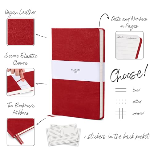 Plexon Dotted Journal Notebook, Notebook Journal 160 Pages, Dotted Notebook Medium 5.7 inches x 8 inches, 120 GSM Thick Paper, Red, Hardcover - color: Red, style: Dotted