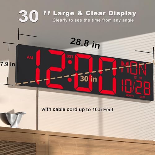 JALL 30" Giant Digital Wall Clock with Remote, Extra Large LED Clock with 7.3-inch Jumbo Numbers, Huge Wall Clock for Living Room, Gym & Church, Black Shell Red Digits - color: Black, size: 30 inches