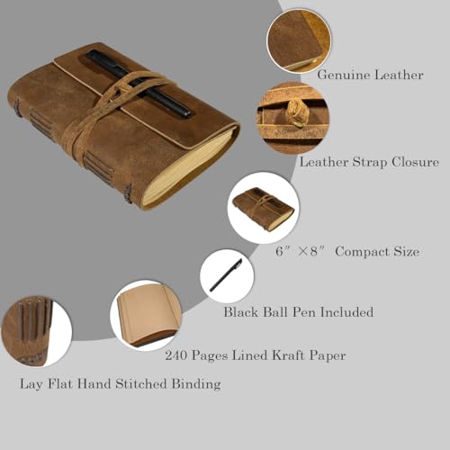 Brown Notebook Journal - Best Genuine Cool Leather Journaling for writers A5 Size Diary 6.2x8.5 Inch,Notepad For Man and Women, Vintage,Gifts,Work,Traveler,Personal - color: Brown, size: 6"x8"