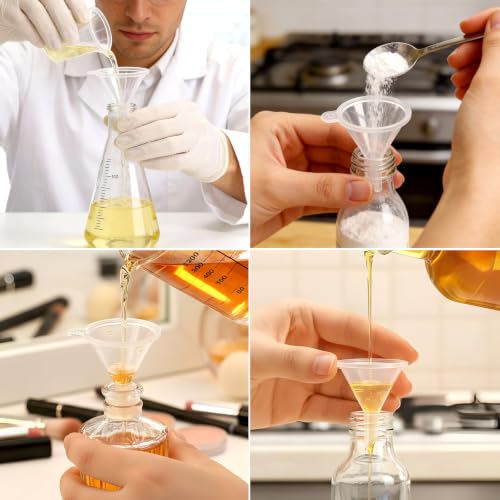 60 Pcs Mini Clear Plastic Funnel, Little Small Funnel Set Kit for Lab Bottles Essential Oils Perfumes Powder Spices Sand Art Capsule Kitchen - color: Clear-60pcs