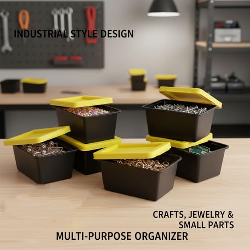 Storage Bins With Lids, 3.42" x 2" x 1.33" Mini Tote Bin with Snap-Fit Lid for Organizing Small Parts, Crafts, Hardware, & Office Supplies Storage, Black Base And Yellow Lid - 4PCS