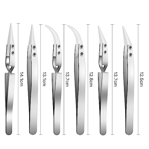 6 Pcs Precision Reverse Ceramic Tweezers Set, Non-Conductive Heat-resistant Electronics Soldering Tweezers Anti-Magnetic Pointed & Curved Tips Tweezers for Solder, Pinching Coils (Silver) - color: Silver