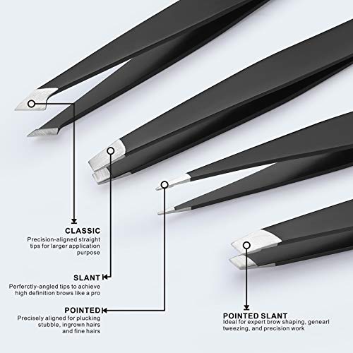 Tomata Tweezers for Eyebrows, 4-piece Slant Tip and Pointed Eyebrow Tweezer Set Great Precision for Eyebrows Facial Hair, Ingrown Hair, Splinter, Blackhead and Tick Remover (Black) - color: Black