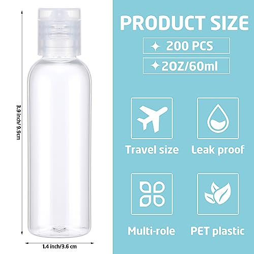 Zhehao 200 Pcs 2 oz Clear Plastic Empty Bottles with Lids(Colorless Cap) - color: Colorless Cap,Clear