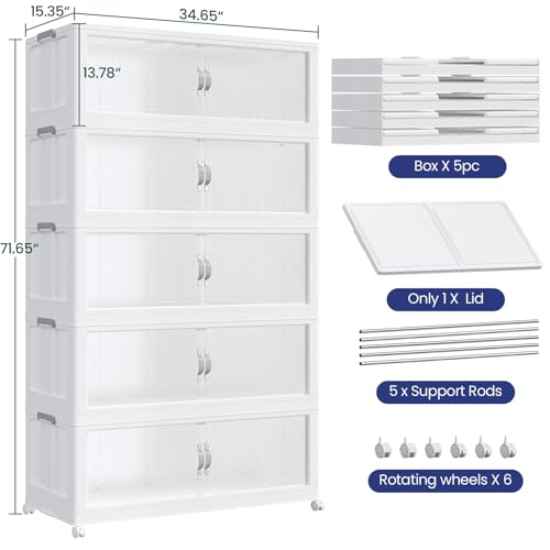1200QT Extra Large Stackable Storage Bins with Lid, 300Gal Plastic Closet Organizers and Storage Drawer, Collapsible Cabinet Box with Wheels Clear Doors for Home Kitchen Office, 5Pack White - size: 240QT
