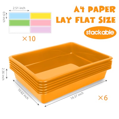 ShineMe 6 Pack Paper Trays for Classroom, Orange Plastic Book Bins with Colorful Labels, Stackable Letter Size Storage Tray, Desk Organizer Tray for Home, School and Office - color: Orange