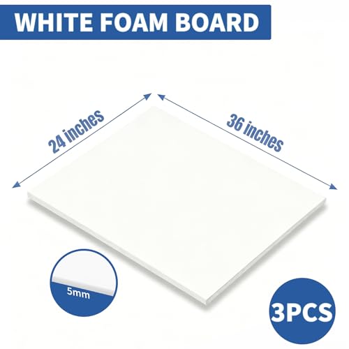 3-Pack White Foam Board 24x36 Inches Poster Board, 3/16" Thick – Lightweight, Rigid, Double Sided Foam Core Board Perfect for Arts, Crafts, School Projects, Presentations, Photo Mounting