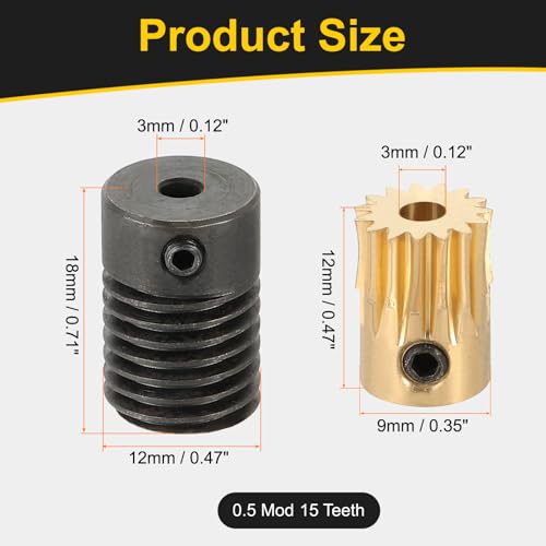 uxcell Worm Gear Set 15T 0.5 Module 15:1 Reduction Rate, Right Rotation Drive Gear Box Wheel Reduce Transmission Part (Brass Gear-3mm Bore, #45 Steel Rod 3mm Bore) - size: Gear-3mm, Rod-3mm Bore, style: 0.5M-15T