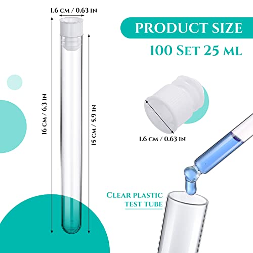 Hoteam 100 Pcs Test Tubes with Caps, 25ml 150 x 16 mm Clear White Lid - color: White Lid