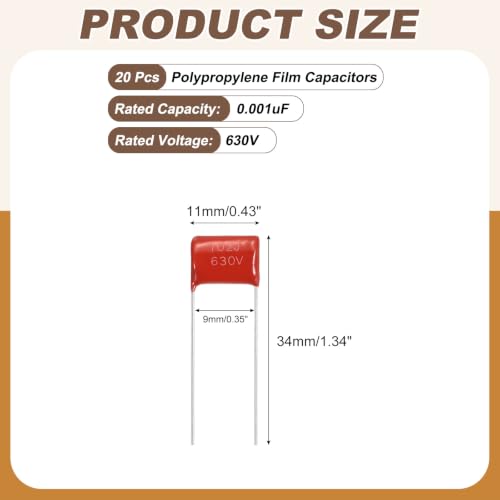 MECCANIXITY Capacitors Kit CBB21/CBB22 630V 102J 0.001UF Red 20 PCS - style: 630V 102J 0.001UF