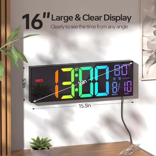 JALL 16.2" Large Digital Wall Clock with Bluetooth Sync for Classroom, RGB Digital Clock Large Display with Auto DST, Wall Clock for Bedroom Gym Office, Led Clock for Seniors (Black) - color: Black, size: 16.2 inches