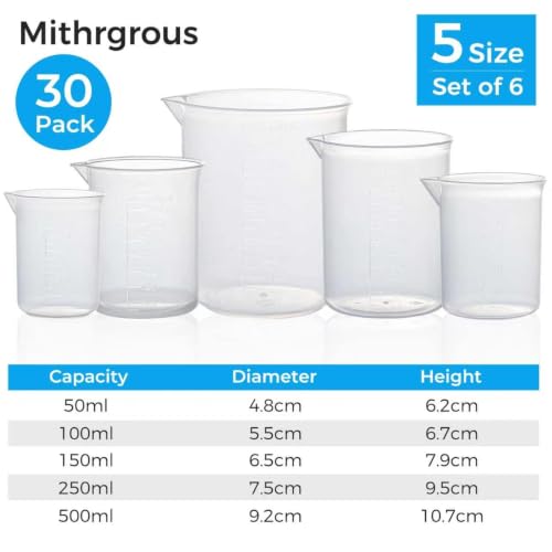 30 Pack Plastic Beakers,5 Size Graduated Measuring Beaker Set of 6 (50ml,100ml,150ml,250ml,500ml),Premium Polypropylene Plastic Beakers for Kids,Science Lab Equipment, Home Experiment