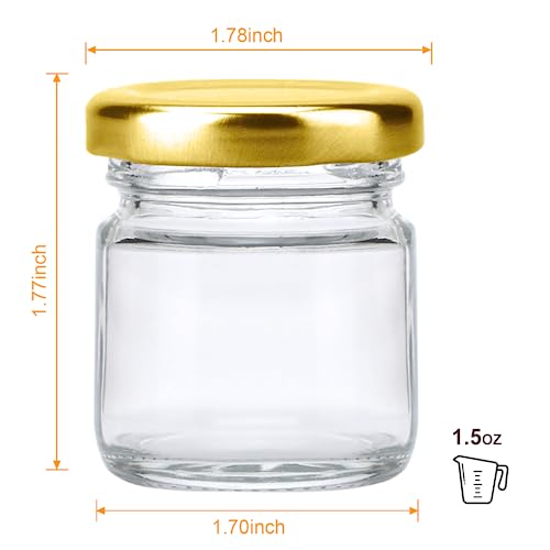 1.5oz Mini Glass Jars Bulk Set of 70,Round Small 45ml Honey Jars with Golden Lids,Clear Mini Storage Canning Jar for Candle Making,Spice,Jelly,Jam,Wedding,Party Favor