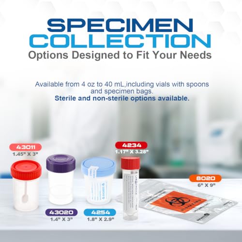 Dynarex Stool Specimen Containers, Sterile, Individually Wrapped, Specimen Cups with Spoon Cap Lids, Clear with Red Lid, 1 Box of 100
