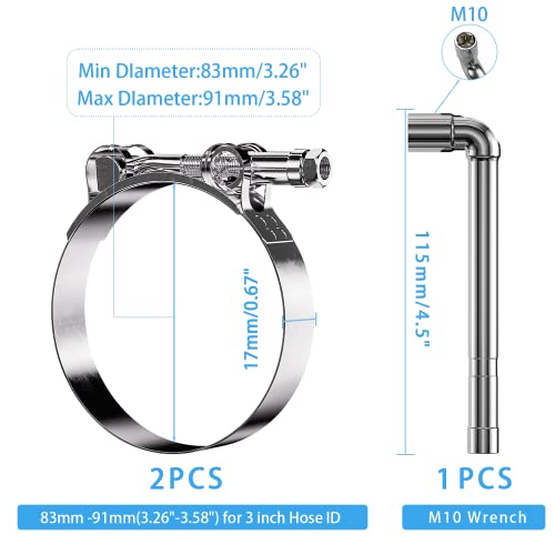 2 Pack 3 Inch T Bolt Hose Clamps 83-91mm, Heavy Duty Stainless Steel Turbo Intercooler Clamps for Diesel Truck Intake Radiator Exhaust - size: 83-91mm(3.26"-3.58") 2Pcs
