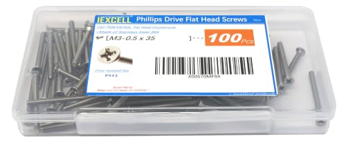 iexcell 100 Pcs M3 x 35mm Thread Pitch 0.5 mm Stainless Steel 304 Phillips Drive Flat Head Countersunk Screws Bolts, Bright Finish - size: M3 x 35mm
