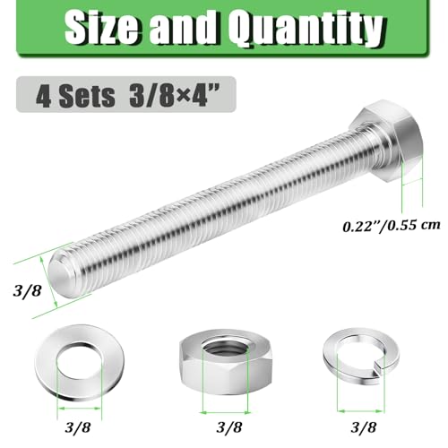 4 Sets 3/8-16 x 4 Stainless Steel Hex Head Screws Bolts, Nuts, Flat & Lock Washers,18-8(304) Full Thread - color: Silver-hex, size: 3/8-16×4"(4 sets)