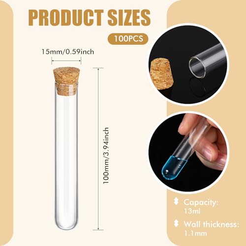 Thyle Glass Test Tubes Bulk with Cork Clear Stoppers, 15x100mm/13ml, 100 Pcs - size: 15x100mm/13ml