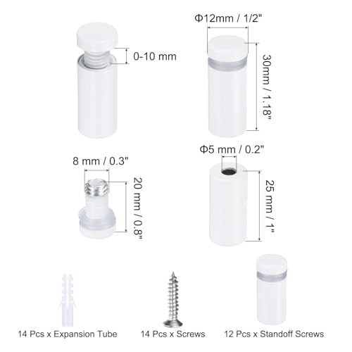 uxcell 12 Pcs 1/2" x 1-1/5" Standoff Screws Stainless Steel Wall Mount Sign Mounting Hardware Kit with 14pcs Screws for Hanging Acrylic Glass Signs Advertising Boards, White - color: White, size: 1/2" x 1-1/5"