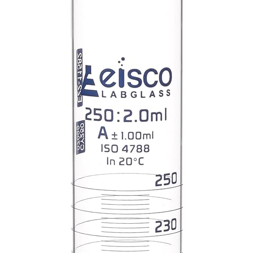 Graduated Cylinder, 250ml - Class A Tolerance ±1.00ml - Hexagonal Base - Blue Graduations - Borosilicate 3.3 Glass - Eisco Labs - size: 250mL