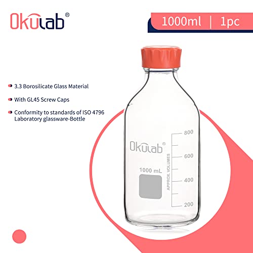 1000ml(34oz) Round Media Storage Bottles, 3.3 Borosilicate Glass, with GL45 Screw Caps in PP Materia, GL45RB1000A1 - style: 1pc of 1000ml