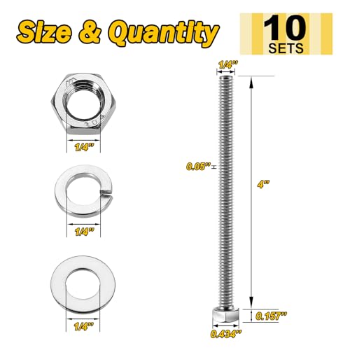 Mywish (10 Sets) 1/4-20x4 Hex Head Assorted Screws Nuts and Bolts with Flat & Lock Washers, 304 Stainless Steel 18-8, Fully Threaded, 1/4 Bolt Metric Bolt Assortment - size: 1/4-20 x 4 (10 set)