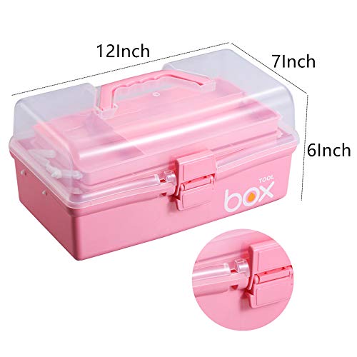 Kinsorcai 12'' Three-Layer Clear Plastic Storage Box with Handle, Craft Tool Box, 3 Layer Pink Tackle Box for Women, Organizer Box for Sewing Art and Cosmetic (Pink) - color: pink, size: 1PCS