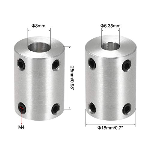uxcell 1/4 Inch to 8mm Bore Rigid Coupling Set Screw L25XD18 Aluminum Alloy,Shaft Coupler Connector,Motor Accessories,4pcs - size: 6.35mm to 8mm