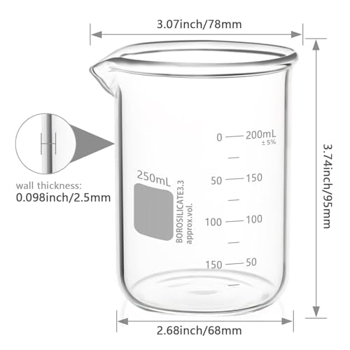 6PCS 250ml Glass Beakers Heavy Duty Beakers, White Double Scale Graduation, Borosilicate 3.3 Glass Lab Beaker, Low Form Griffin Measuring Beaker (6, 250ML) - size: 250ML