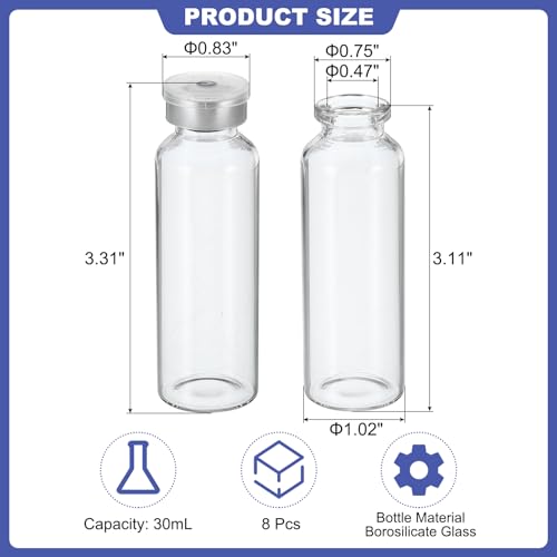 PATIKIL 30ml Sample Vials, 8 Pack Lab Empty Vials with Butyl Rubber Stopper and Crimp Top Caps Borosilicate Glass Vial, Transparent - color: Transparent, size: 30ml