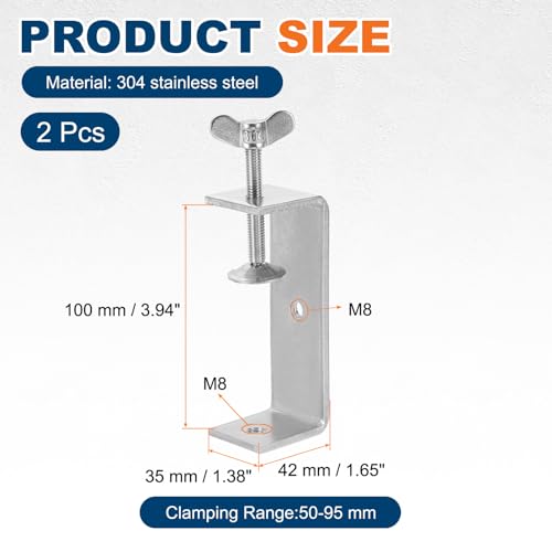 HARFINGTON 2Pcs 304 Stainless Steel C Clamps 100mm with Press Screw,Silver - size: 100mm