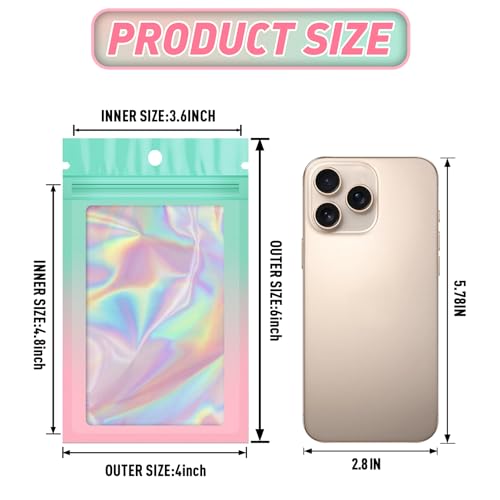 Funfery 100 Pack Gradient Holographic Bags,Mylar Resealable Bags with Zipper,Clear Window Packaging Pouchs,Foil Smell Proof Bag for Food Storage,Sample Jewelry Baggies(4×6In,Green Pink) - color: Green Pink, size: 4x6 Inch