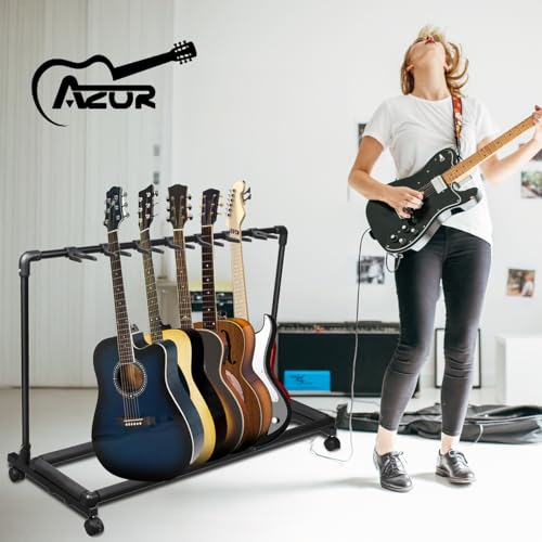AZOR 7 Multi Guitar Stand Rack with Wheels, Foldable Guitar Holder - size: 7 Holder with Wheels