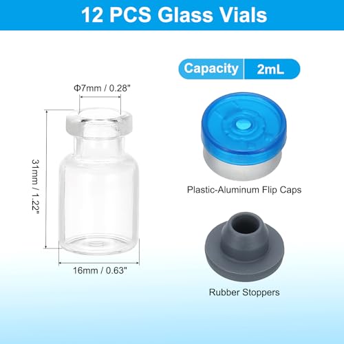 PATIKIL 12pcs 2ml Clear Borosilicate Glass Sample Vials with Aluminum Plastic Cap and Rubber Stopper for Lab Solid Liquid Powder Storage, Dark Silver Tone - color: Clear/Dark Silver Tone, size: 2ml