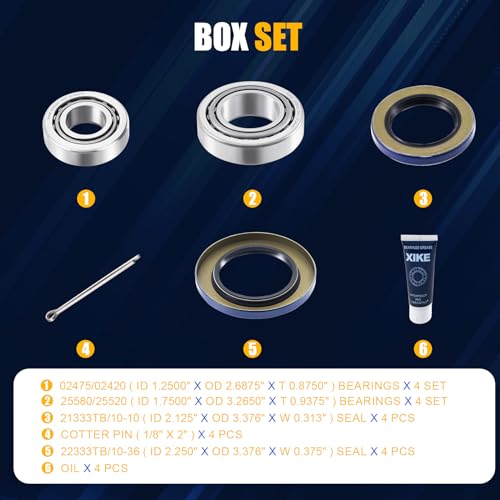 XiKe 4 Sets Boat Trailer Wheel Bearings 25580/25520 & 02475/02420 - size: 25580/20 & 02475/20 + Seal ID 2.125'' & 2.250'', style: Pack 4 Set