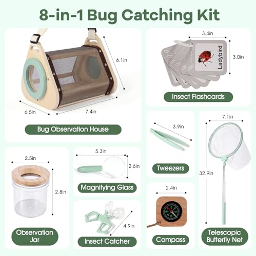 FIIOEOY Wooden Bug Catcher Kit for Kids - 8-in-1 Outdoor Explorer Set with Magnifying Glass, Butterfly Net STEM Learning Toys for Ages 3-8 Nature Gift for Boys & Girls